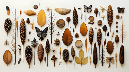 Autumn set of leaves, pine cones and twigs on white backgroundの素材