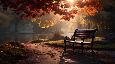 Bench in the autumn park at sunset. Colorful autumn landscape.の素材