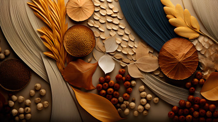 3d illustration of abstract background with autumn leaves, seeds and grainsの素材