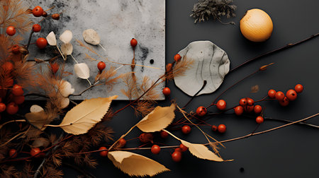 Autumn composition with leaves and berries on a black background. 3d illustrationの素材