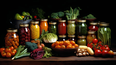 Composition with jars of different vegetables on wooden table against black backgroundの素材
