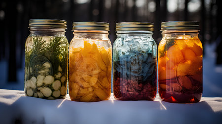 Glass jars with different kinds of pickled vegetables in winter forest.の素材