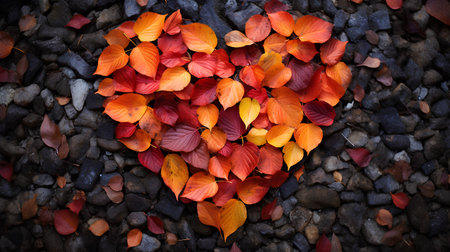Heart shape made of colorful autumn leaves on stone background. Love concept.の素材