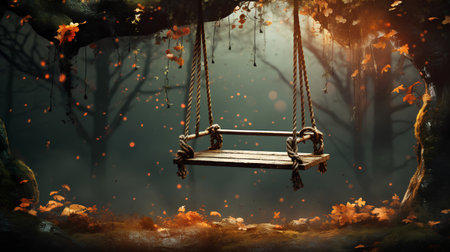 Wooden swing in the forest, 3d render. Halloween conceptの素材