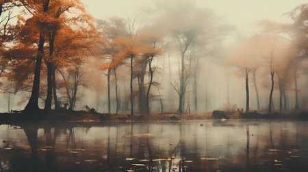 Beautiful autumn landscape with lake and trees in foggy morning.の素材