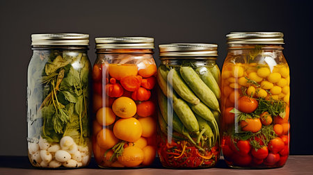 Variety of pickled vegetables in glass jars on dark background.の素材
