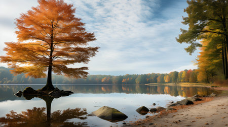 Autumn landscape with a lake in the forest. Colorful trees on the shore.の素材