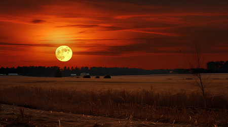 Full moon over wheat field at sunset, 3d render illustration.の素材