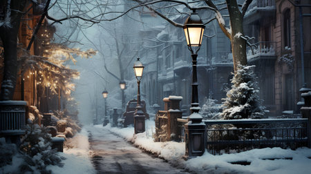 Snowy winter street in New York City, USA. Christmas backgroundの素材