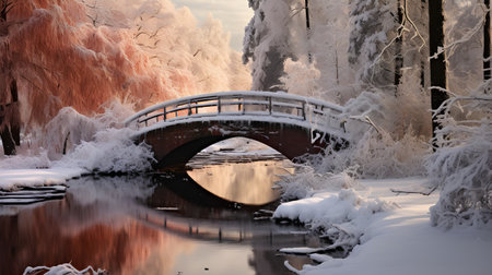 Beautiful winter landscape with bridge over the river in the park.の素材