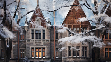 Beautiful winter cityscape with old buildings and trees covered with snowの素材