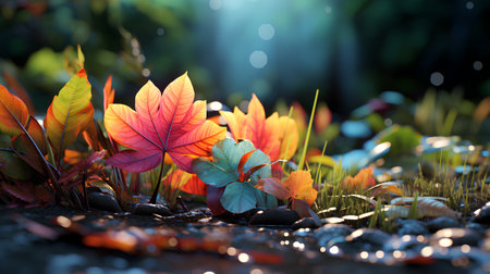 Autumn background with colorful leaves. 3d render. Nature conceptの素材