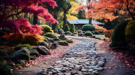 Autumn landscape with colorful trees and pathway in the Japanese garden.の素材