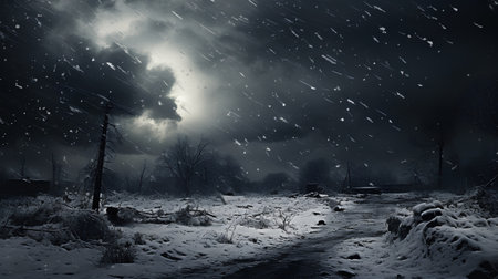 Winter landscape with snow-covered road and dark stormy sky.の素材
