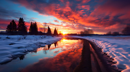Colorful winter sunrise in the countryside with snow-covered road.の素材