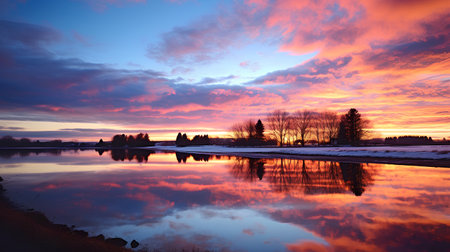 Sunset over the lake. Beautiful winter landscape with reflection in the water.の素材