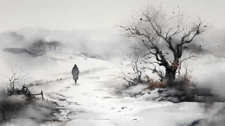 Winter landscape with a man walking in the fog. Digital painting.の素材