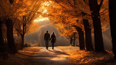 Young couple walking in the autumn park at sunset. Romantic scene.の素材
