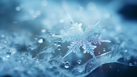 Snowflakes on blue background. Macro photo with shallow depth of field.の素材