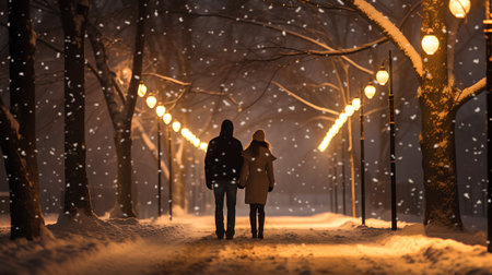 Young couple walking in winter park at night with lanterns and falling snow.の素材