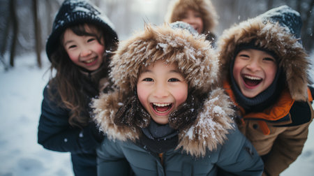 Happy group of friends having fun together in the winter forest. Kids having fun outdoors.の素材