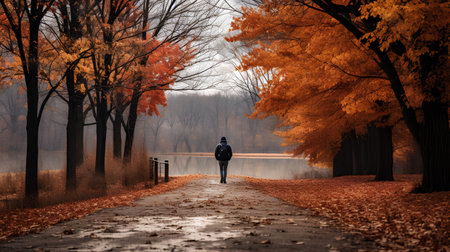 Foggy autumn landscape. A man in a black jacket walks along the path in the park.の素材