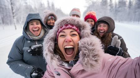 Group of friends taking a selfie in the winter forest. They are laughing and having fun.の素材