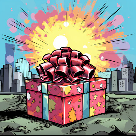 Gift box on the background of the city. Vector illustration.の素材
