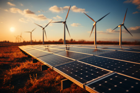 Solar panels and wind turbines at sunset. Alternative energy source. Renewable energy conceptの素材