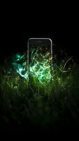 Smartphone with green glowing light on grass. 3D Renderingの素材