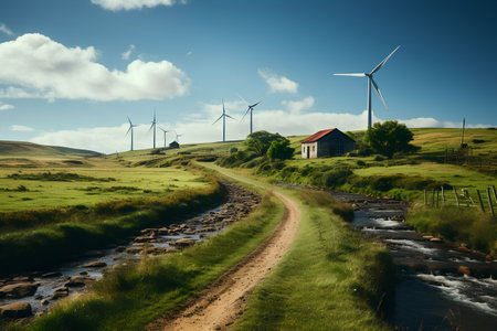 Landscape with wind turbines on a hillside. Toned.の素材