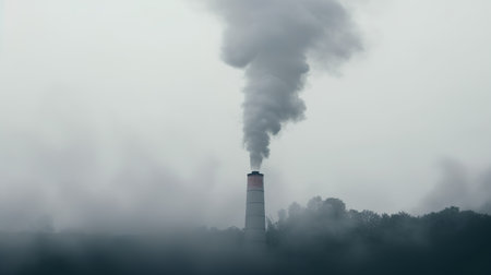 smoke from the chimney of a power plant on a foggy dayの素材