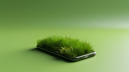 Smartphone with grass on the screen isolated on green background. 3d illustrationの素材