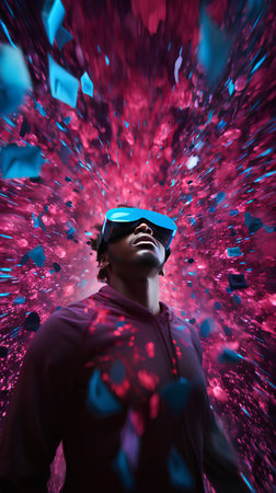 Young african american man using virtual reality headset against pink and blue backgroundの素材