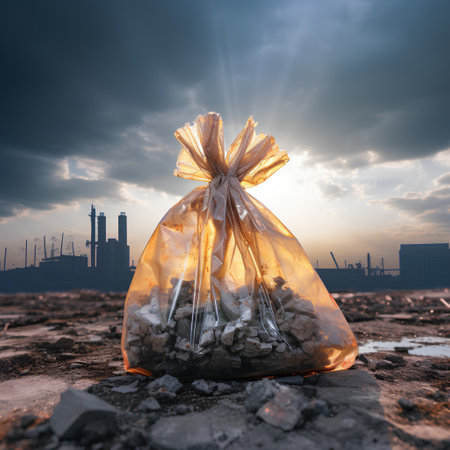 Garbage bag on the background of the city. Environmental pollution concept.の素材