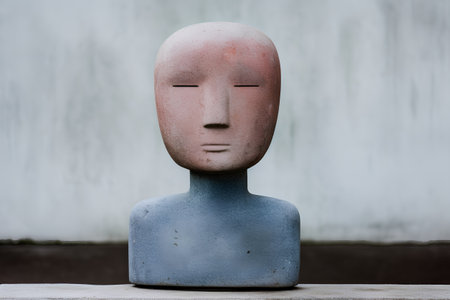Stone sculpture of a female head in front of a concrete wall.の素材