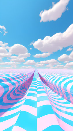 3D illustration of blue and pink striped background with white clouds and blue skyの素材