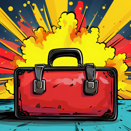Vector cartoon style illustration of red suitcase on grunge background with explosion.の素材