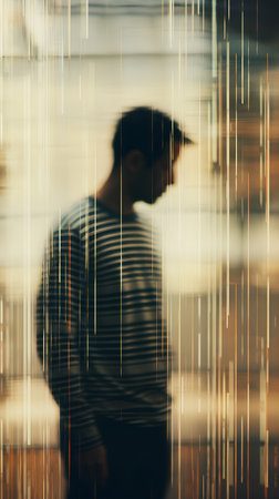 Blurred image of a man in a striped shirt on the background of the cityの素材