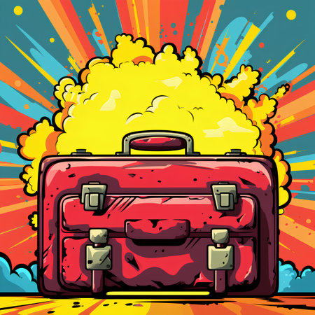 Vector cartoon illustration of a suitcase on a background of explosion. Comic book style imitation.の素材