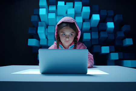Teenage girl in hoodie using laptop at table in dark roomの素材