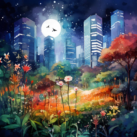 Night cityscape with skyscrapers and flowers. Vector illustration.の素材