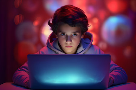 3d illustration of a teenage boy with a laptop computer in the darkの素材