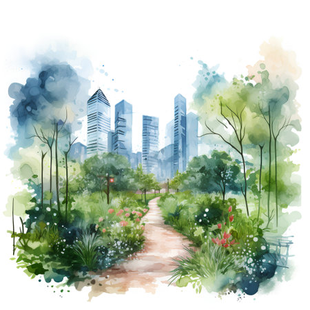Watercolor cityscape with green trees and grass. Vector illustration.の素材