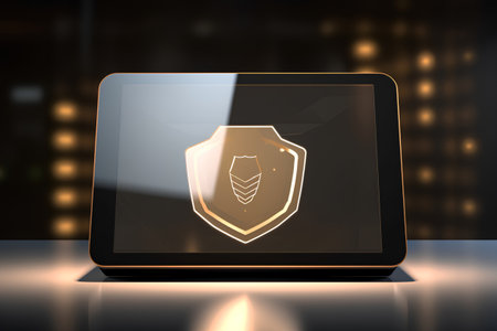 Tablet PC with security shield icon on screen. 3D renderingの素材