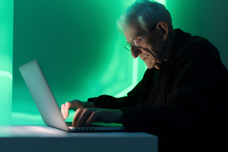 Elderly man using a laptop in a dark room with green lightの素材