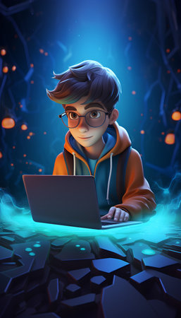 A young man in a hoodie and glasses works on a laptop in the dark. 3d renderingの素材