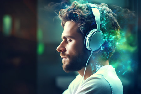Handsome young man listening to music with headphones. Music conceptの素材