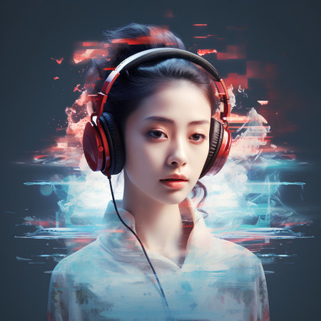 Beautiful asian woman with headphones listening to music. Music conceptの素材