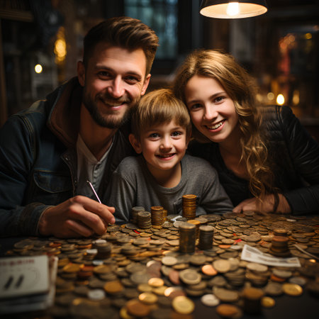 Happy family of three with coins at the table in the night clubの素材